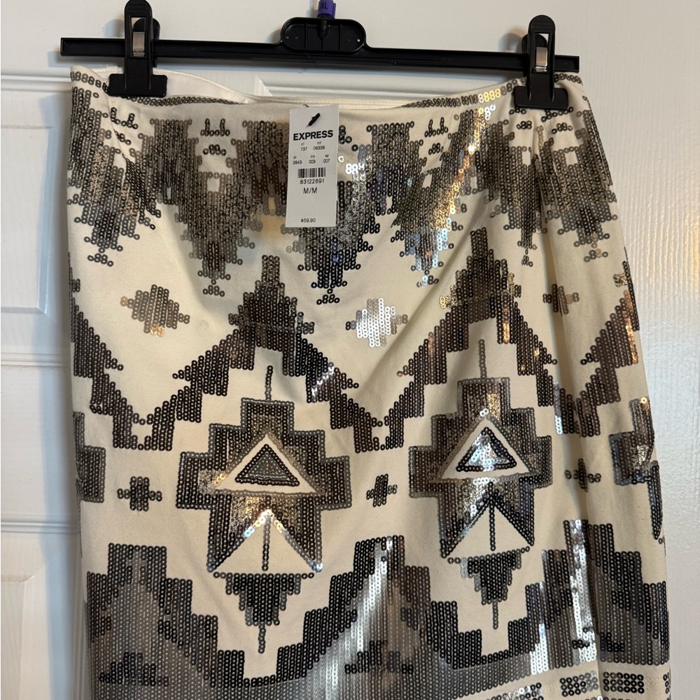 Express Geometric Sequin Pencil Skirt - Black and Silver